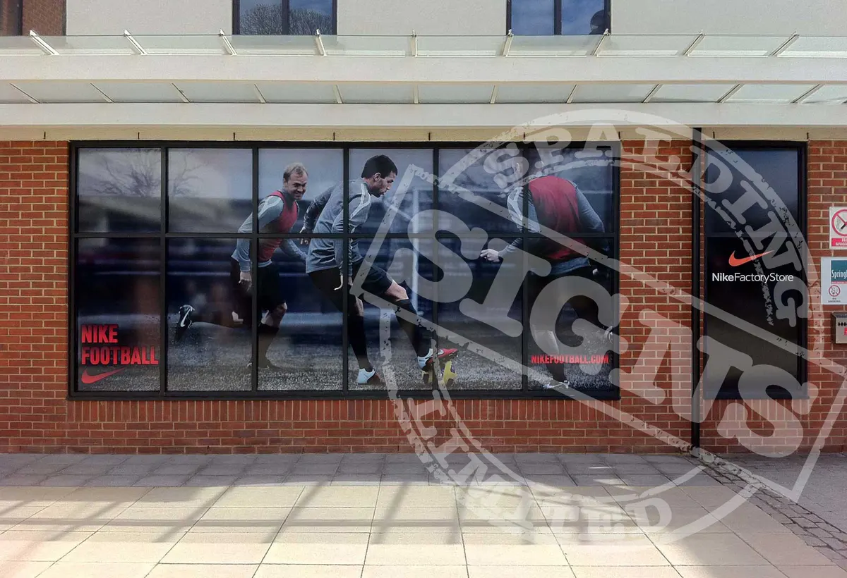 Nike Factory Store window graphics fitted across a shopfront